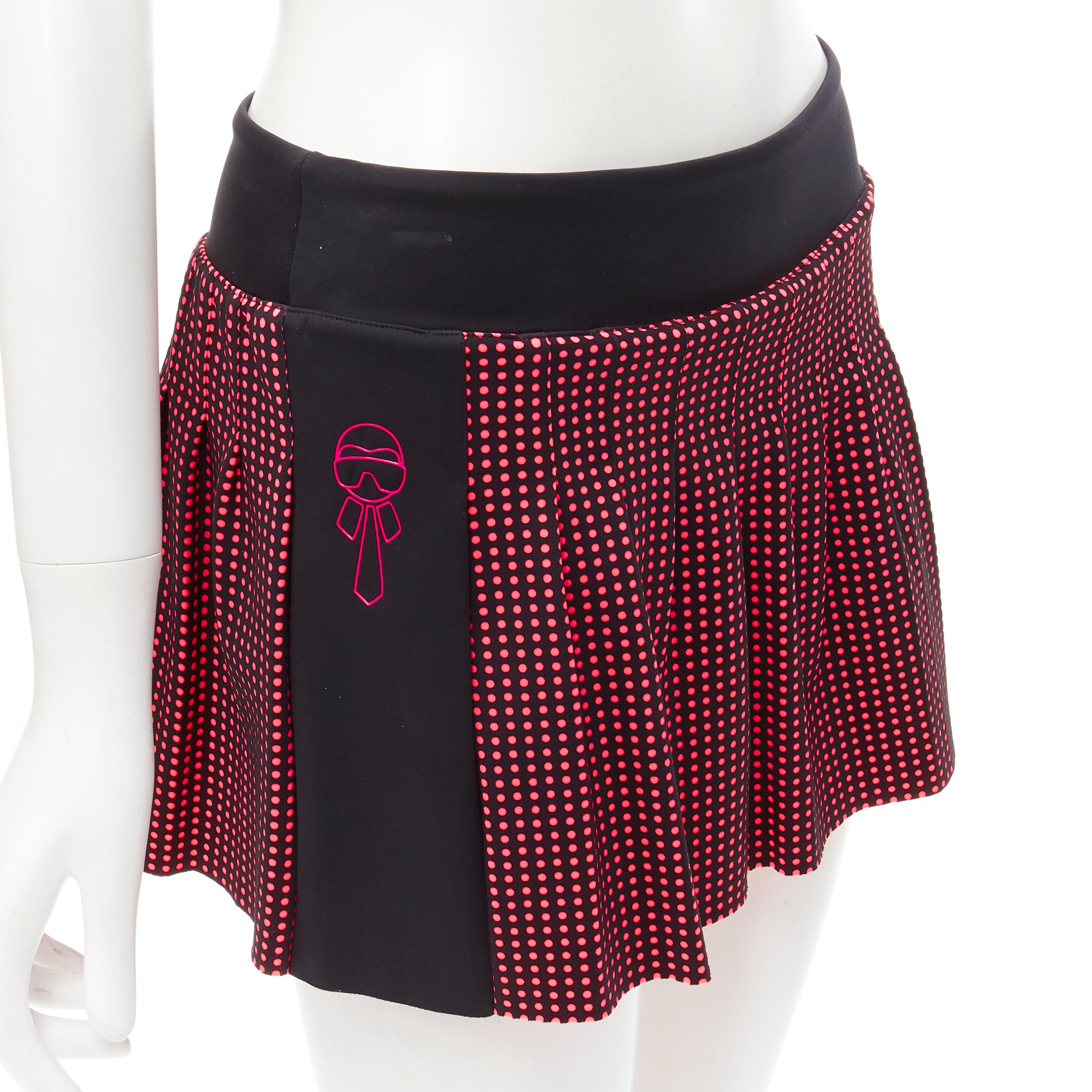 FENDI Activewear Karl Love black pink polka dot lined pleated skirt S 
Reference: ANWU/A00416 
Brand: Fendi 
Collection: Karl Love 
Material: Feels like polyester 
Color: Black 
Pattern: Polka dot 
Closure: Stretch 
Extra Detail: Karl Love print at