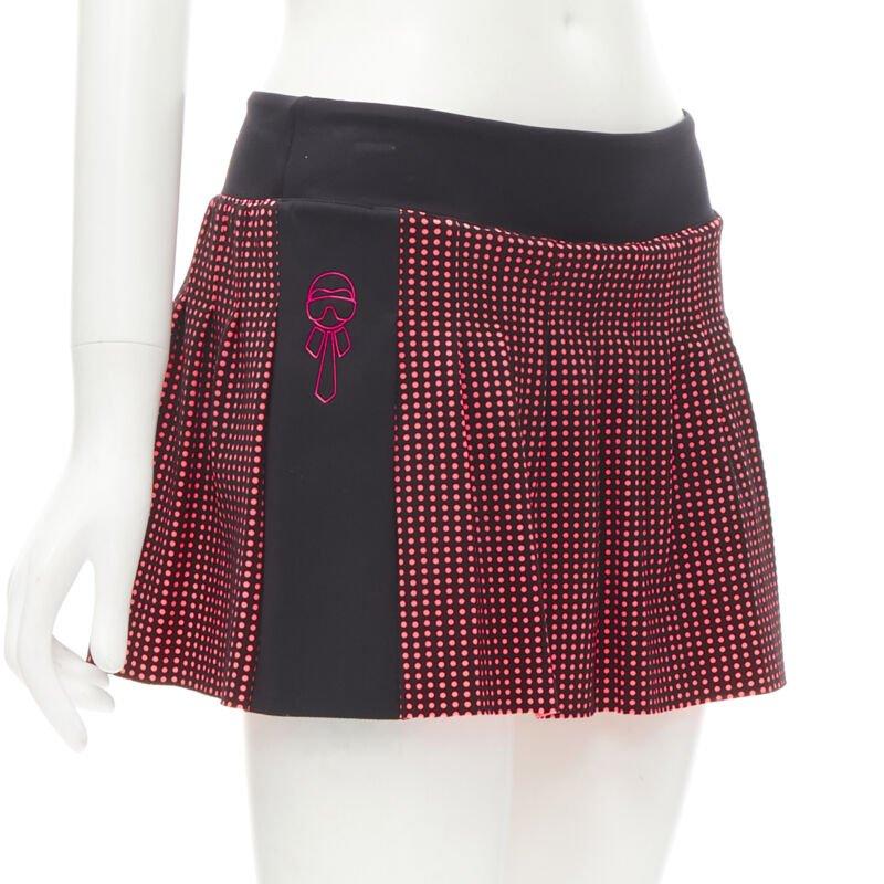 Black FENDI Activewear Karl Love black pink polka dot lined pleated skirt S For Sale