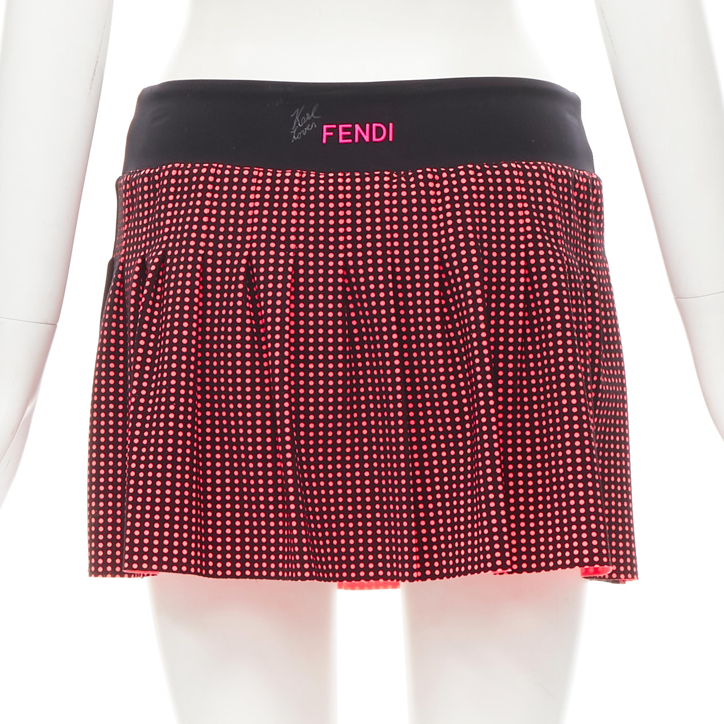 Black FENDI Activewear Karl Love black pink polka dot lined pleated skirt S For Sale
