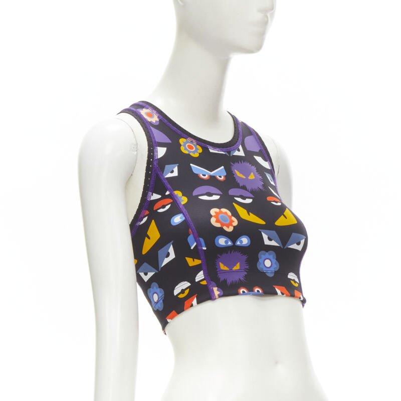Black FENDI Activewear Monster Bug Eye black graphic print perforated crop top For Sale