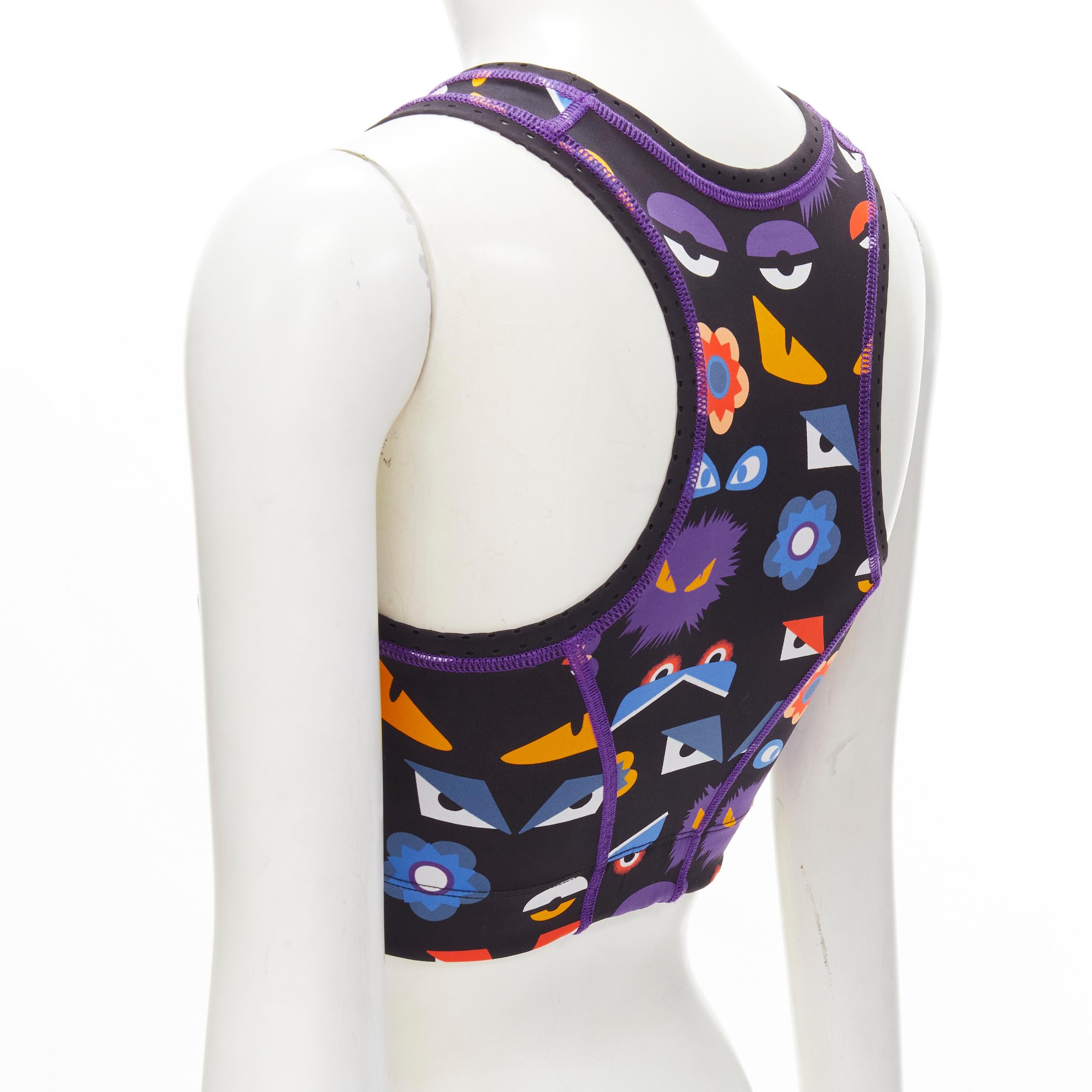 FENDI Activewear Monster Bug Eye black graphic print perforated crop top In Excellent Condition For Sale In Hong Kong, NT
