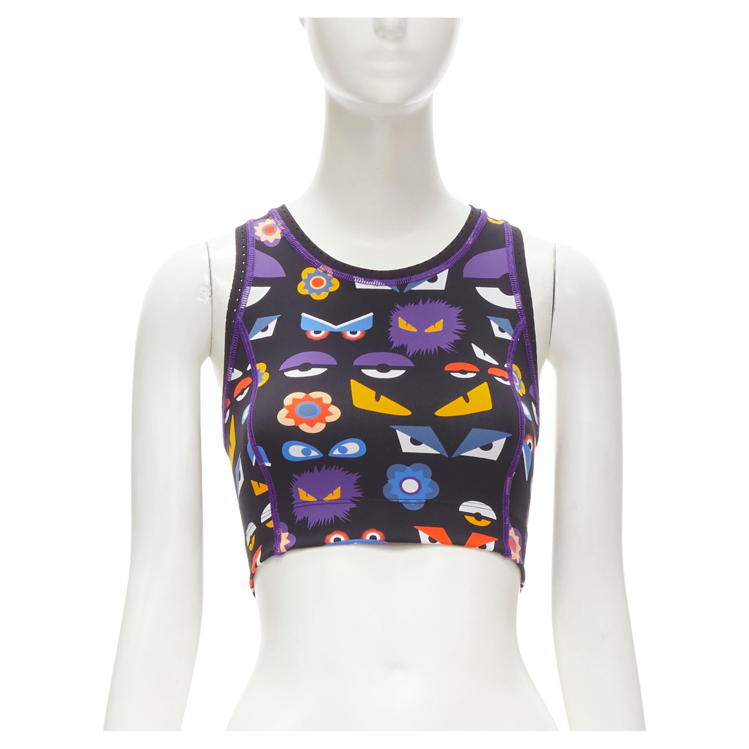 FENDI Activewear Monster Bug Eye black graphic print perforated crop top For Sale
