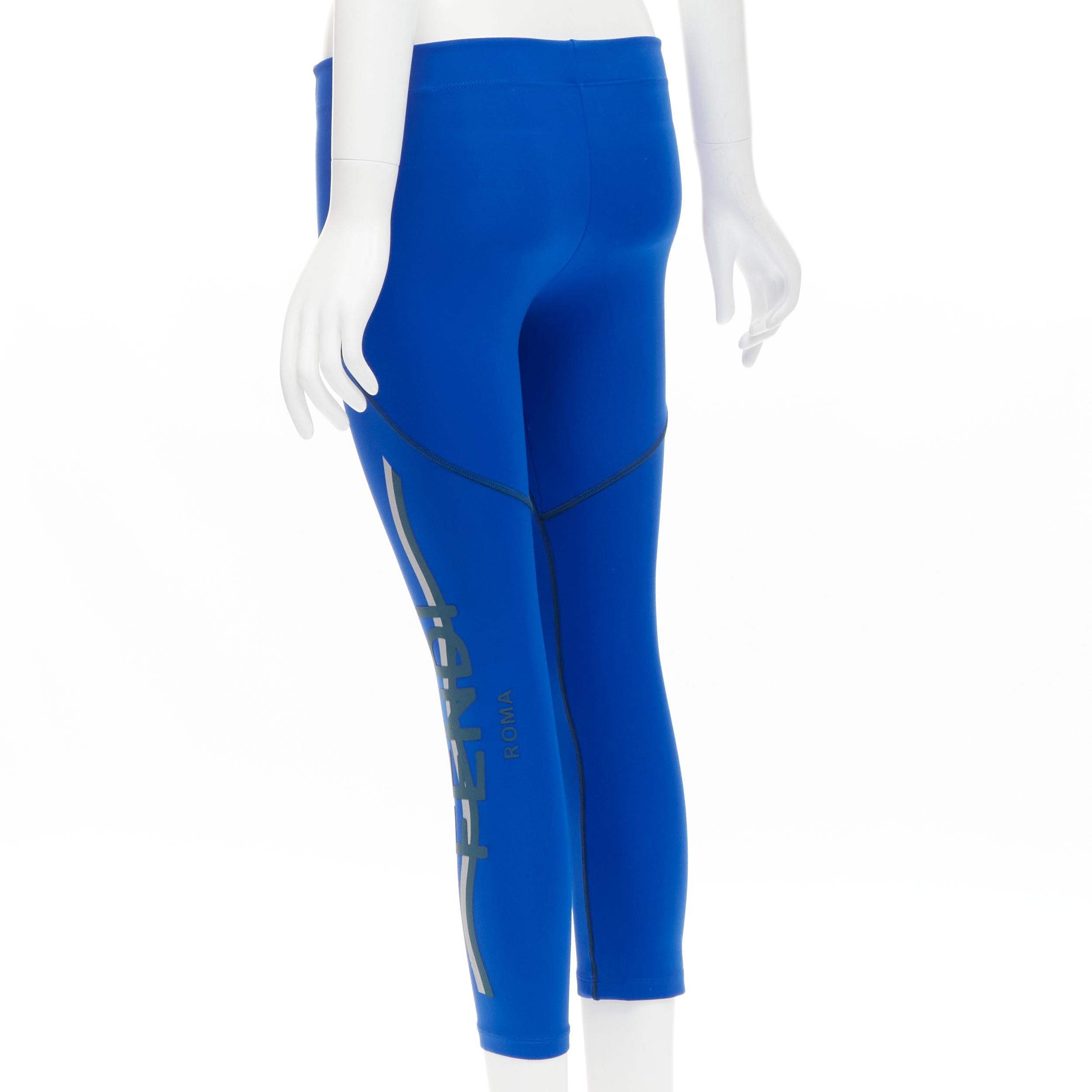 Blue FENDI Activewear reflective silver logo cobalt blue sports leggings XS For Sale