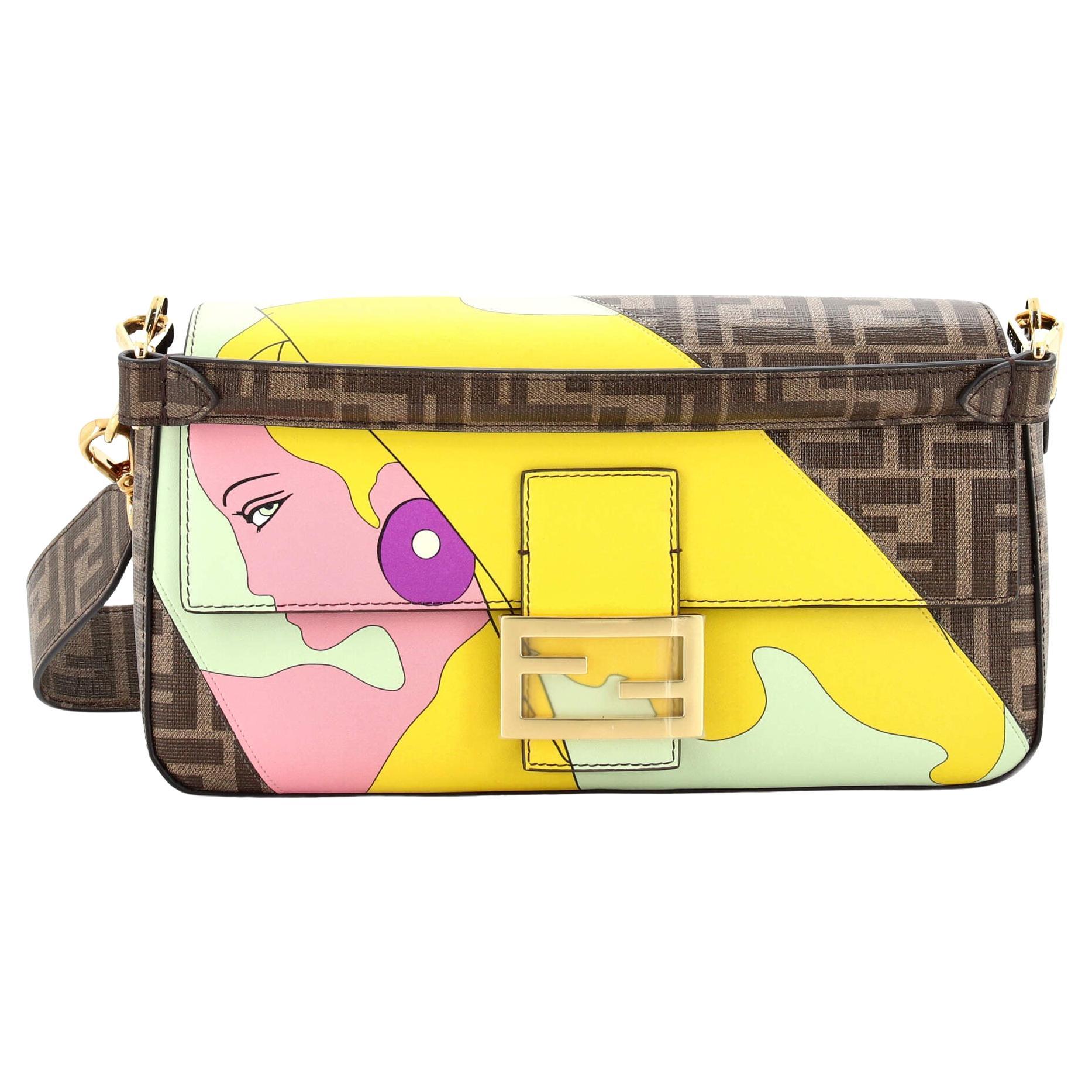 Fendi Antonio Lopez Baguette NM Bag Zucca Coated Canvas with Printed Leat For Sale