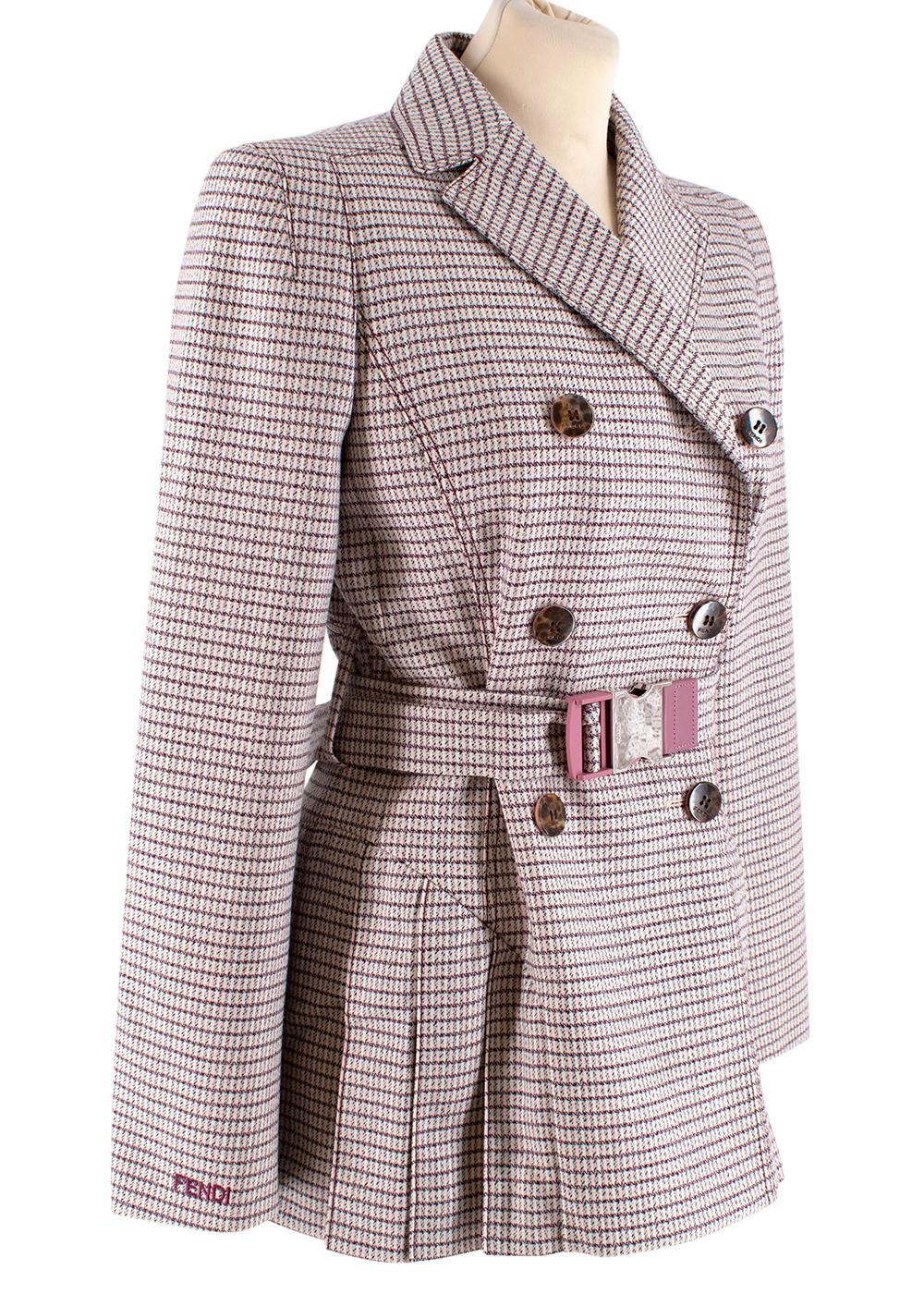 Fendi Aruba Pink Double-breasted Belted Jacket 

- Stunning tailored pink  herringbone tweed belted blazer
- Pleated from waist to hem
- Double breasted
- Notched lapels on collar
- Panels to add structure
- Fendi logo buttons 

Made in Italy

(Seam