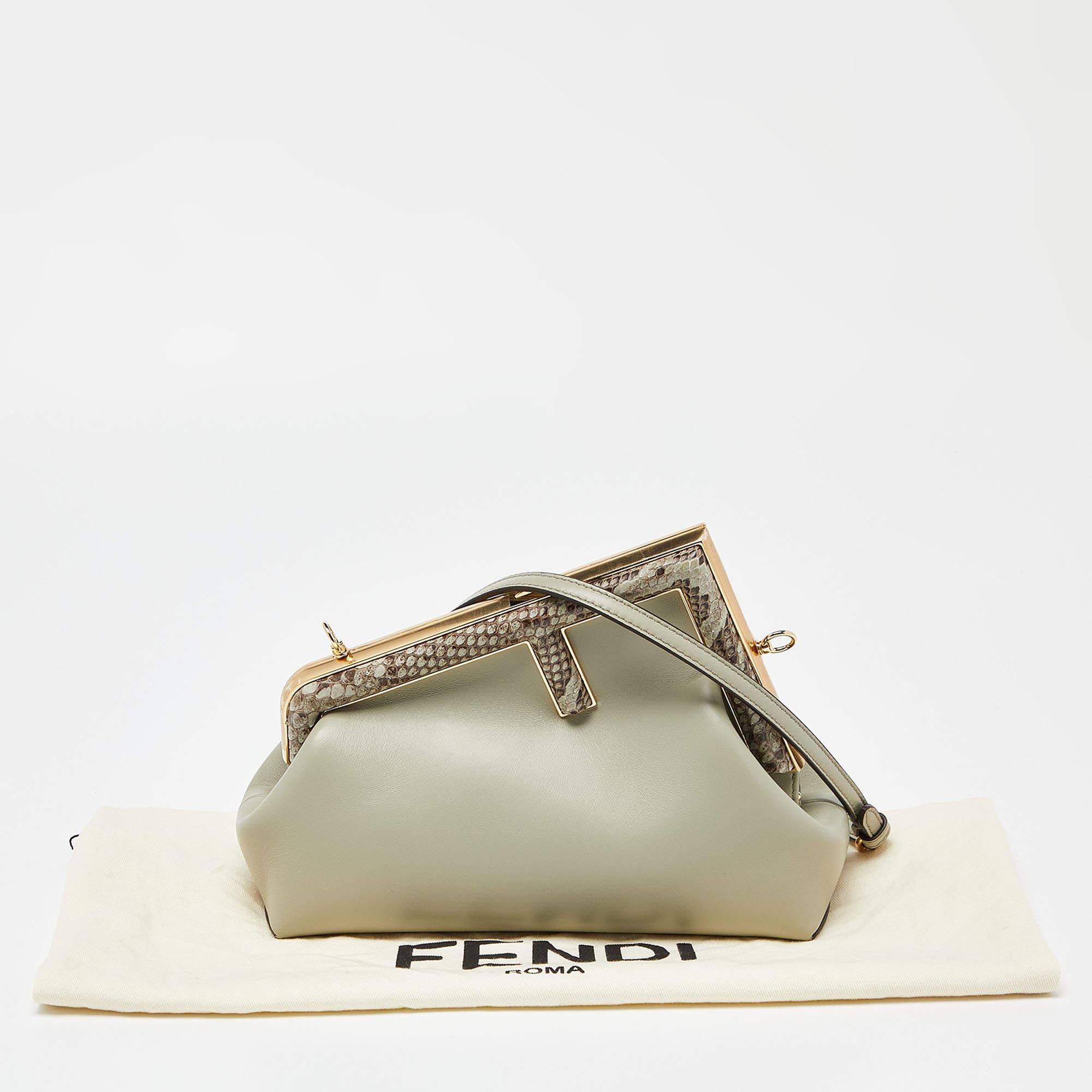 Fendi Avocado Green Leather and Python Small First Clutch For Sale 8