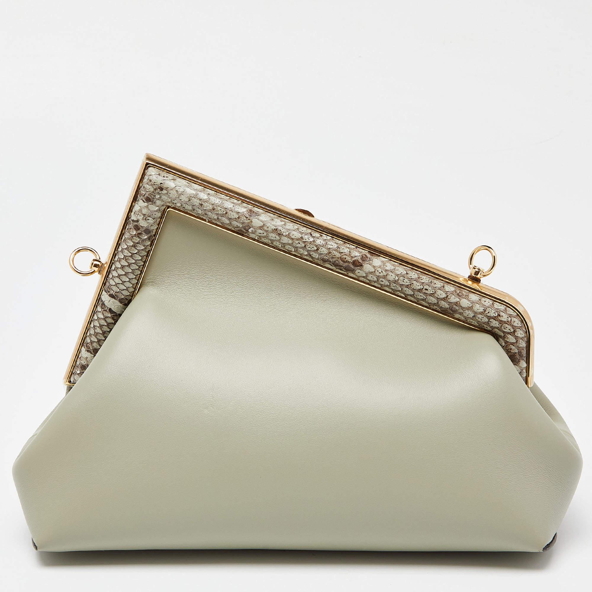 Fendi Avocado Green Leather and Python Small First Clutch For Sale 1