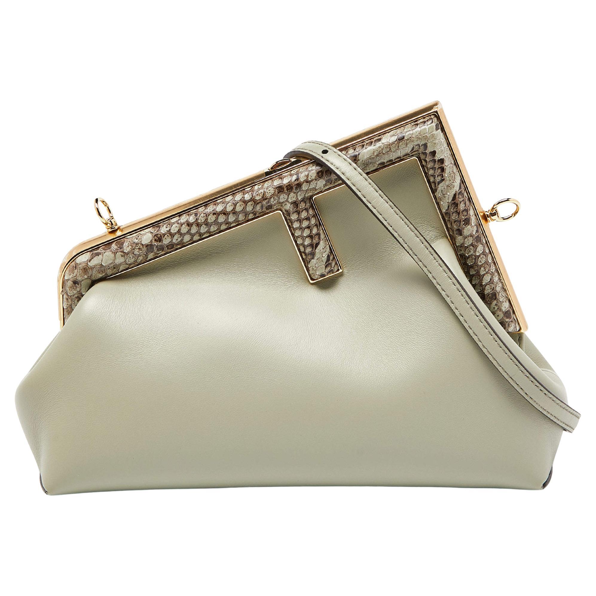 Fendi Avocado Green Leather and Python Small First Clutch For Sale