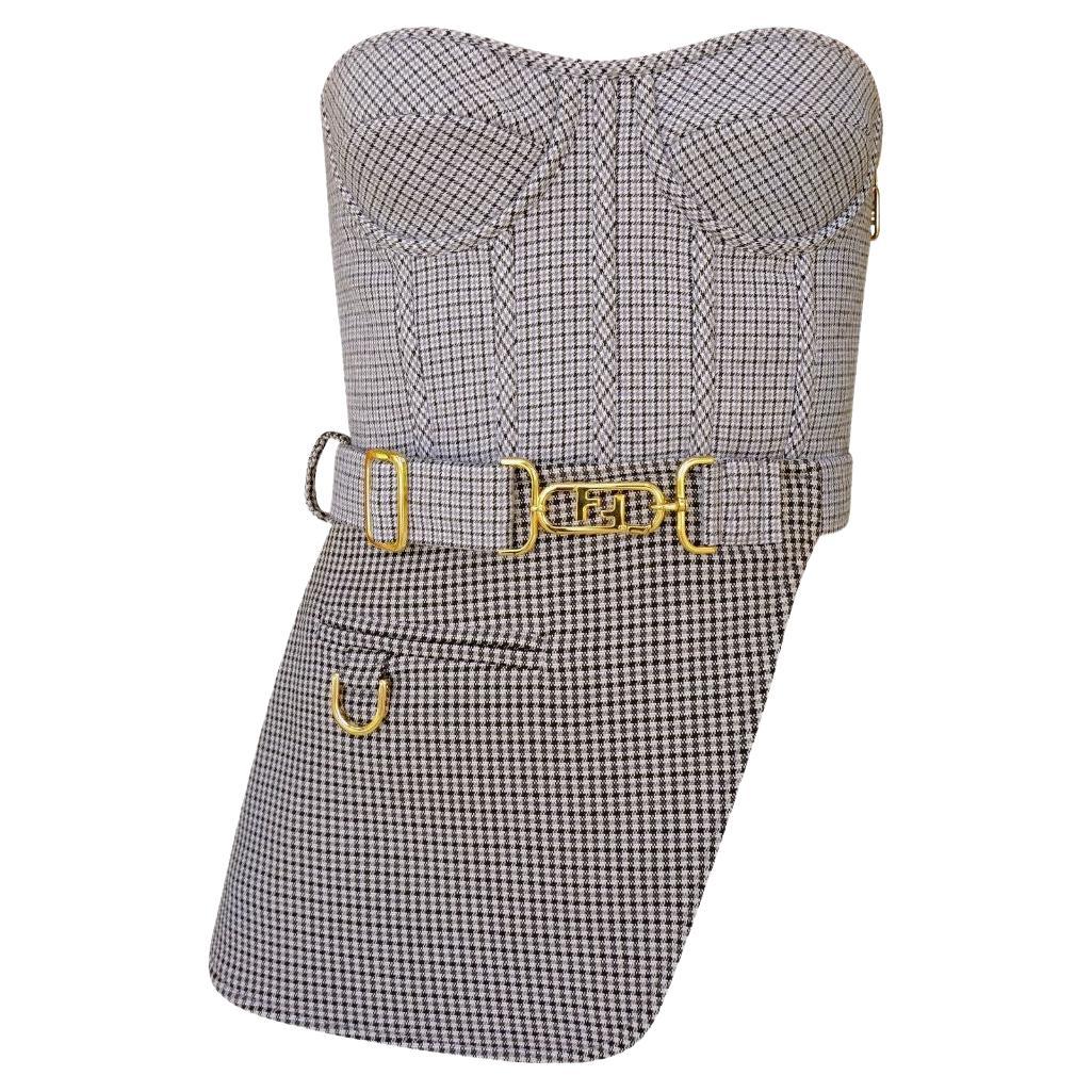 FENDI AW 2022 Strapless Houndstooth Bustier with Gold Logo Details For Sale