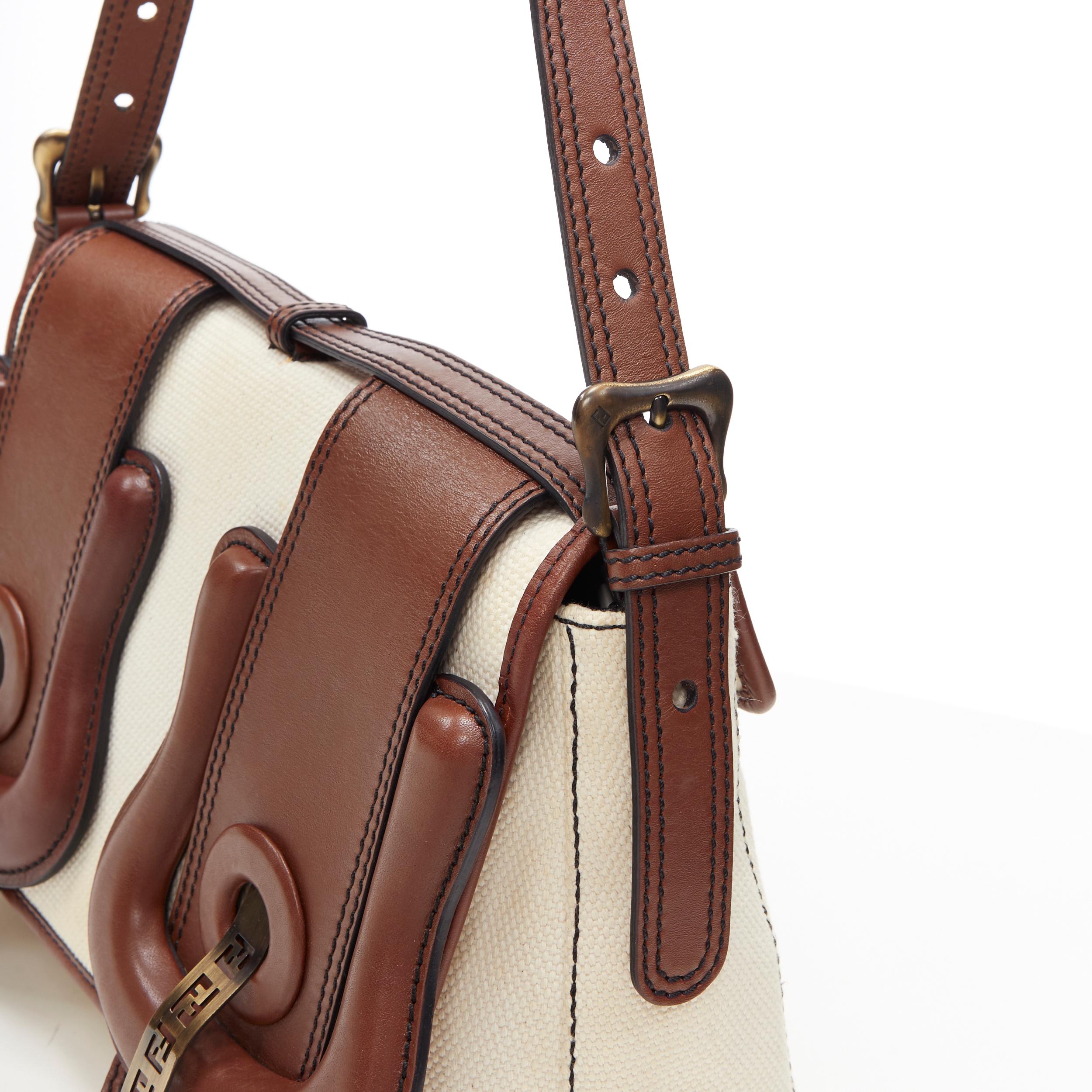 Women's FENDI B Bag beige canvas brown oversized FF monogram buckle shoulder bag