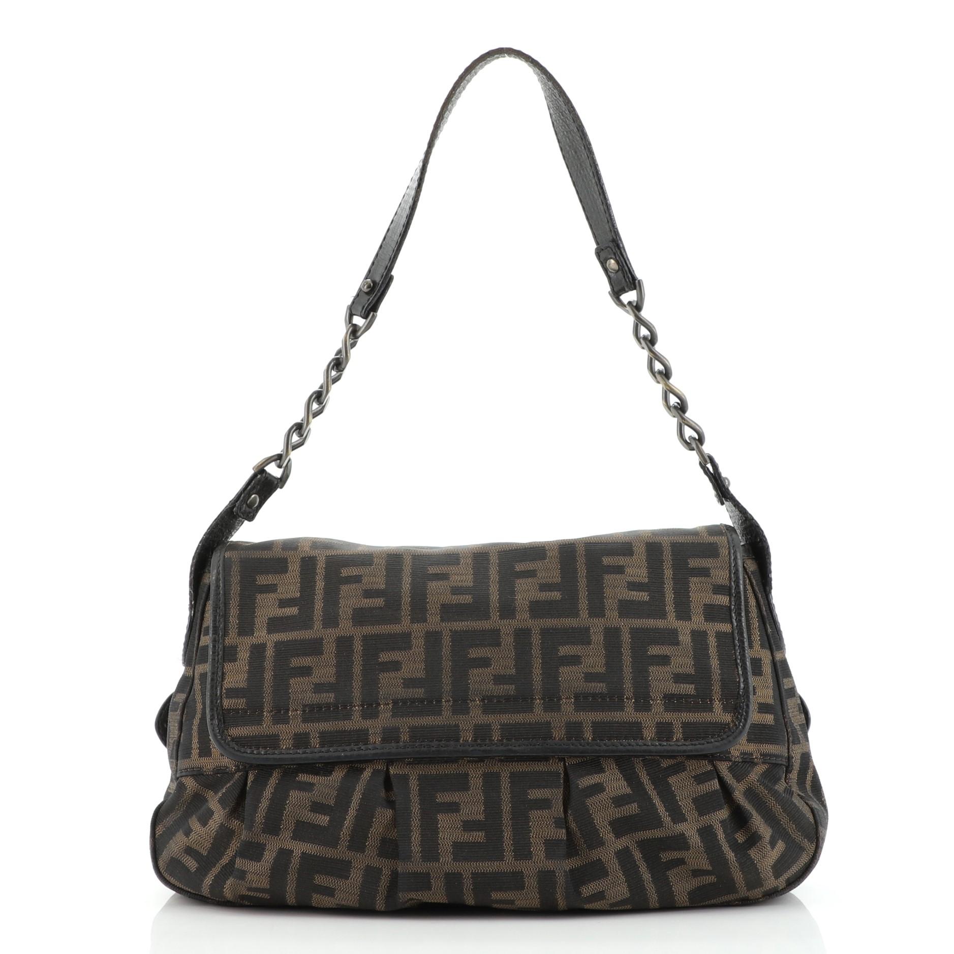 Black Fendi B Bis Flap Bag Zucca Canvas Medium