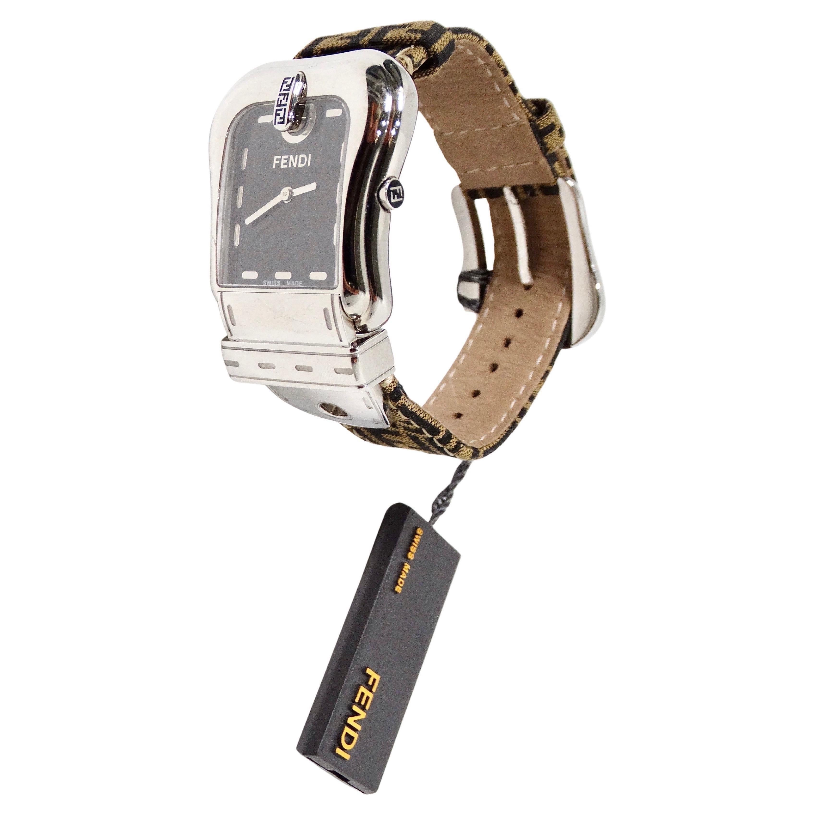Fendi B. Stainless Steel Zucca Canvas Wrist Watch For Sale