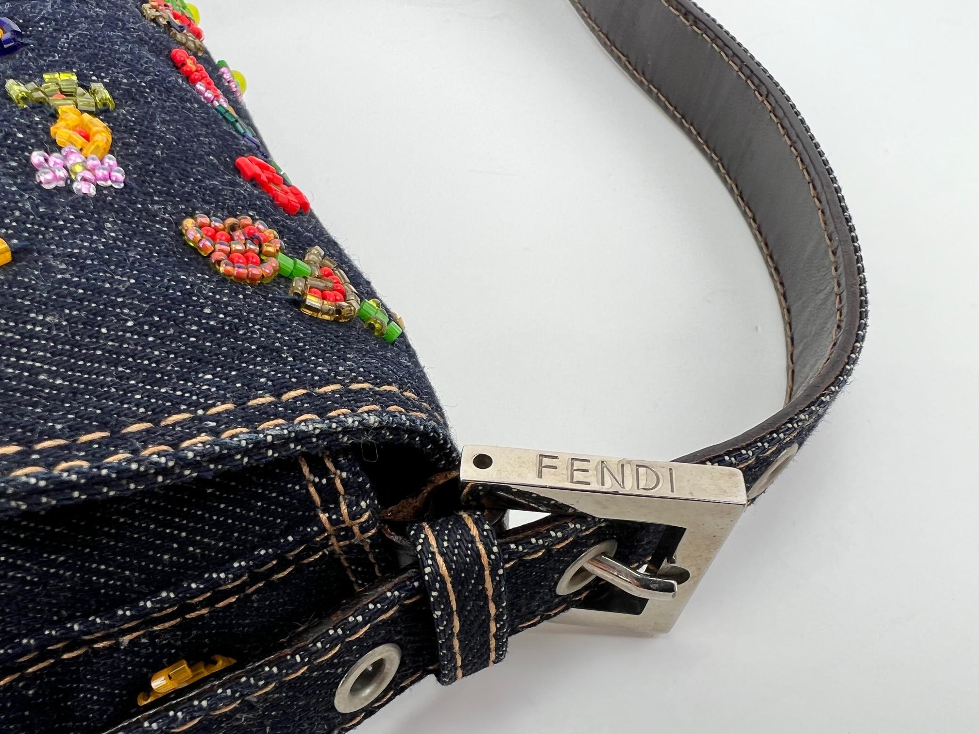 FENDI Bag Blue Denim Ricami Beaded Embroidered Baguette Hand Bag 2