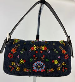 FENDI Bag Blue Denim Ricami Beaded Embroidered Baguette Hand Bag