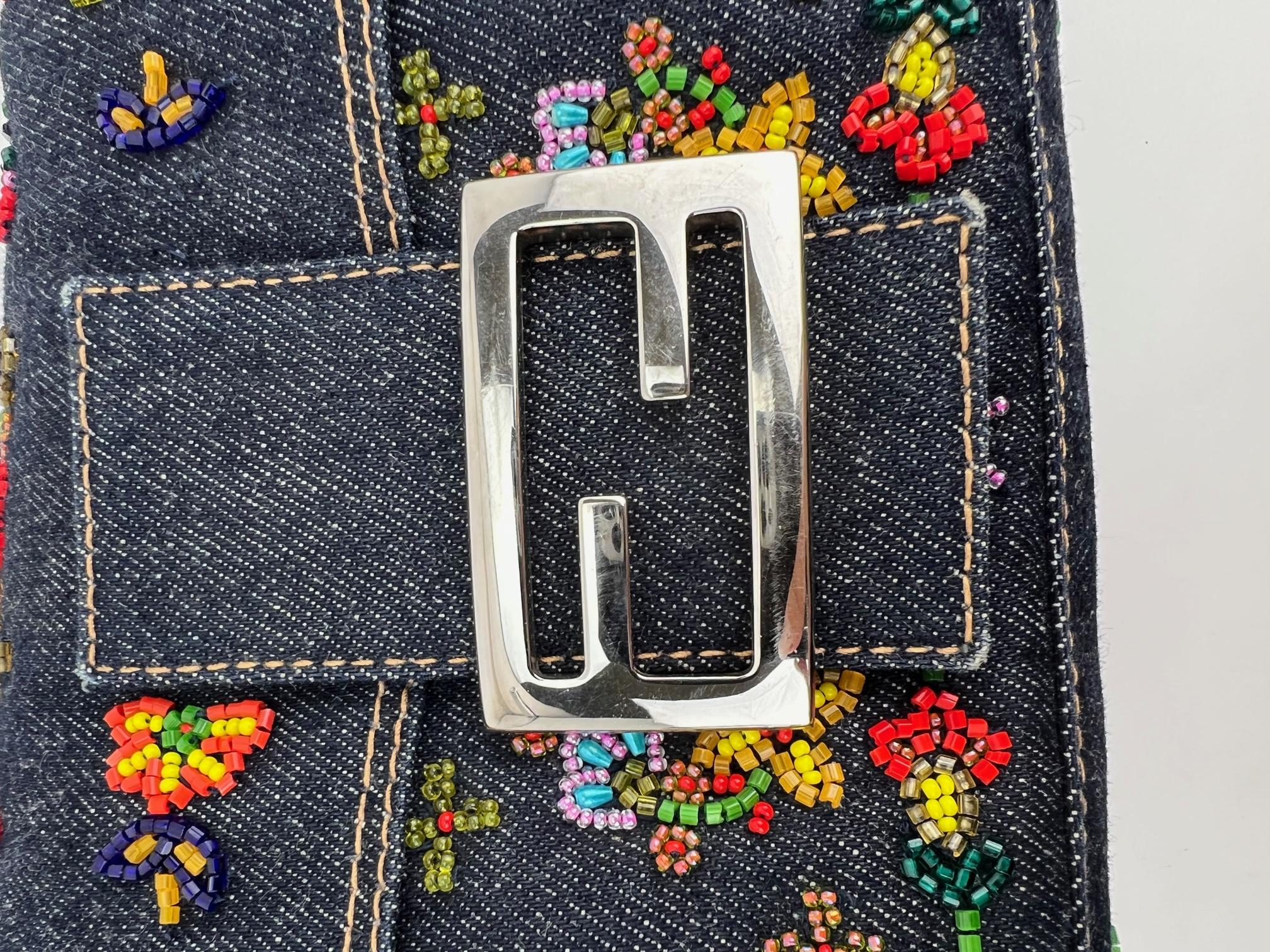 Black FENDI Bag Blue Denim Ricami Beaded Embroidered Baguette Hand Bag