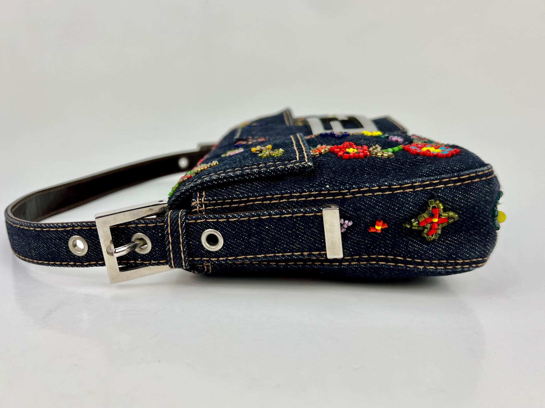 FENDI Bag Blue Denim Ricami Beaded Embroidered Baguette Hand Bag In Good Condition In Freehold, NJ