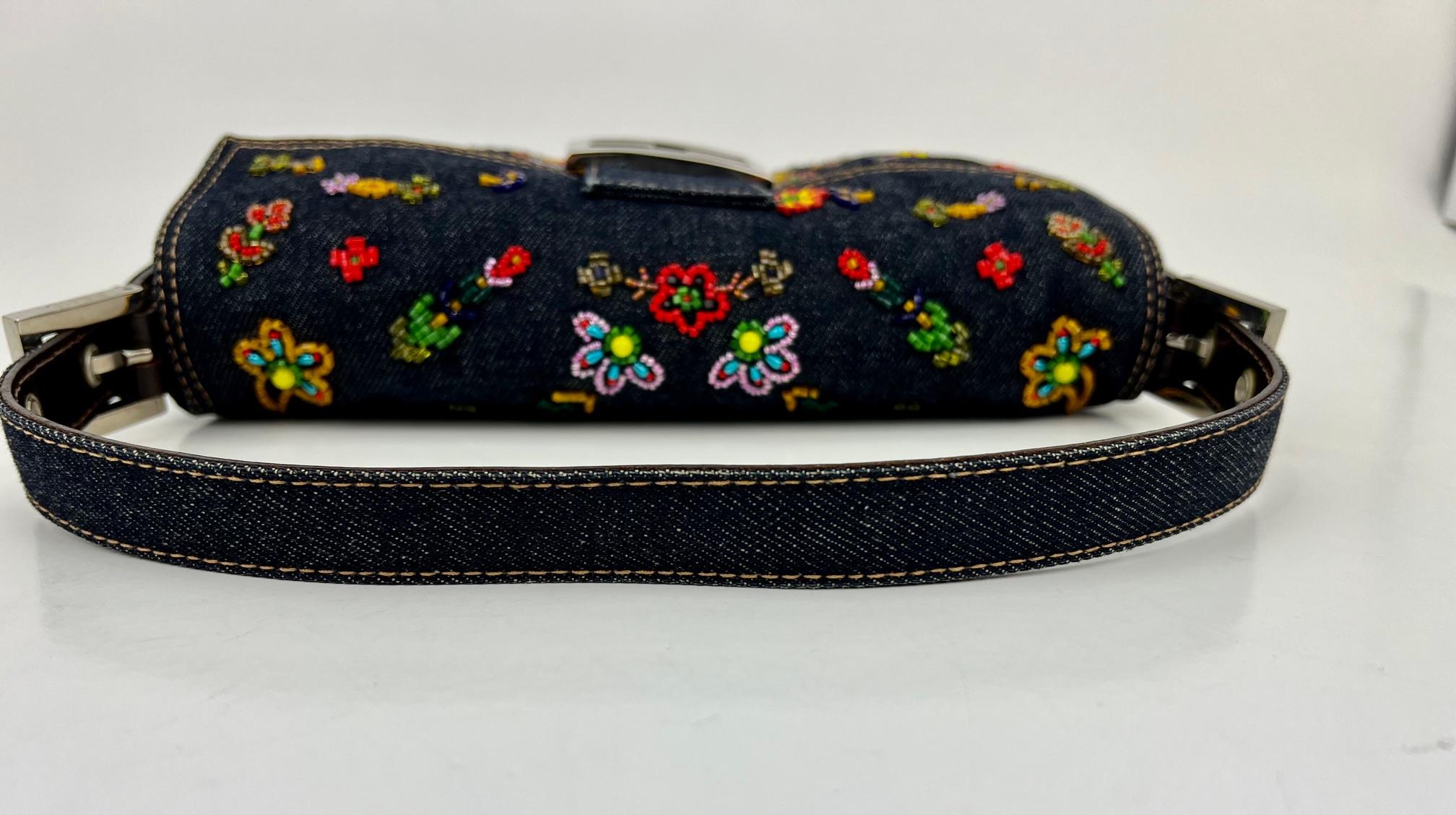 Women's FENDI Bag Blue Denim Ricami Beaded Embroidered Baguette Hand Bag