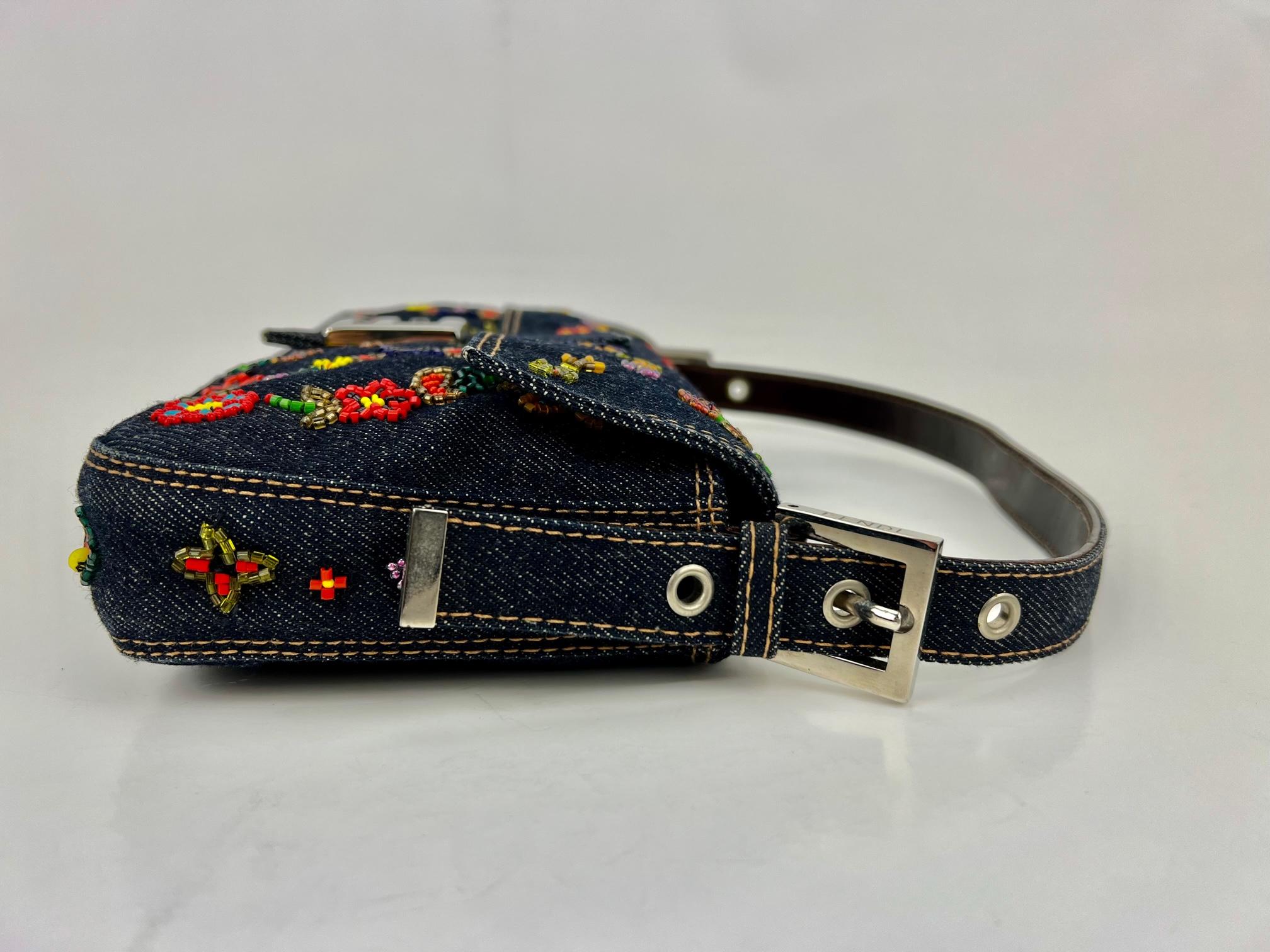 FENDI Bag Blue Denim Ricami Beaded Embroidered Baguette Hand Bag 1