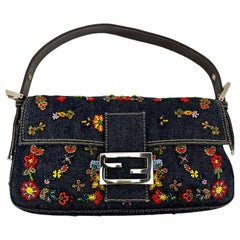 FENDI Bag Blue Denim Ricami Beaded Embroidered Baguette Hand Bag