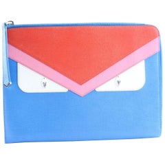 Fendi "Bag Bugs" Flat 7fr0508 Blue Saffiano Leather Clutch