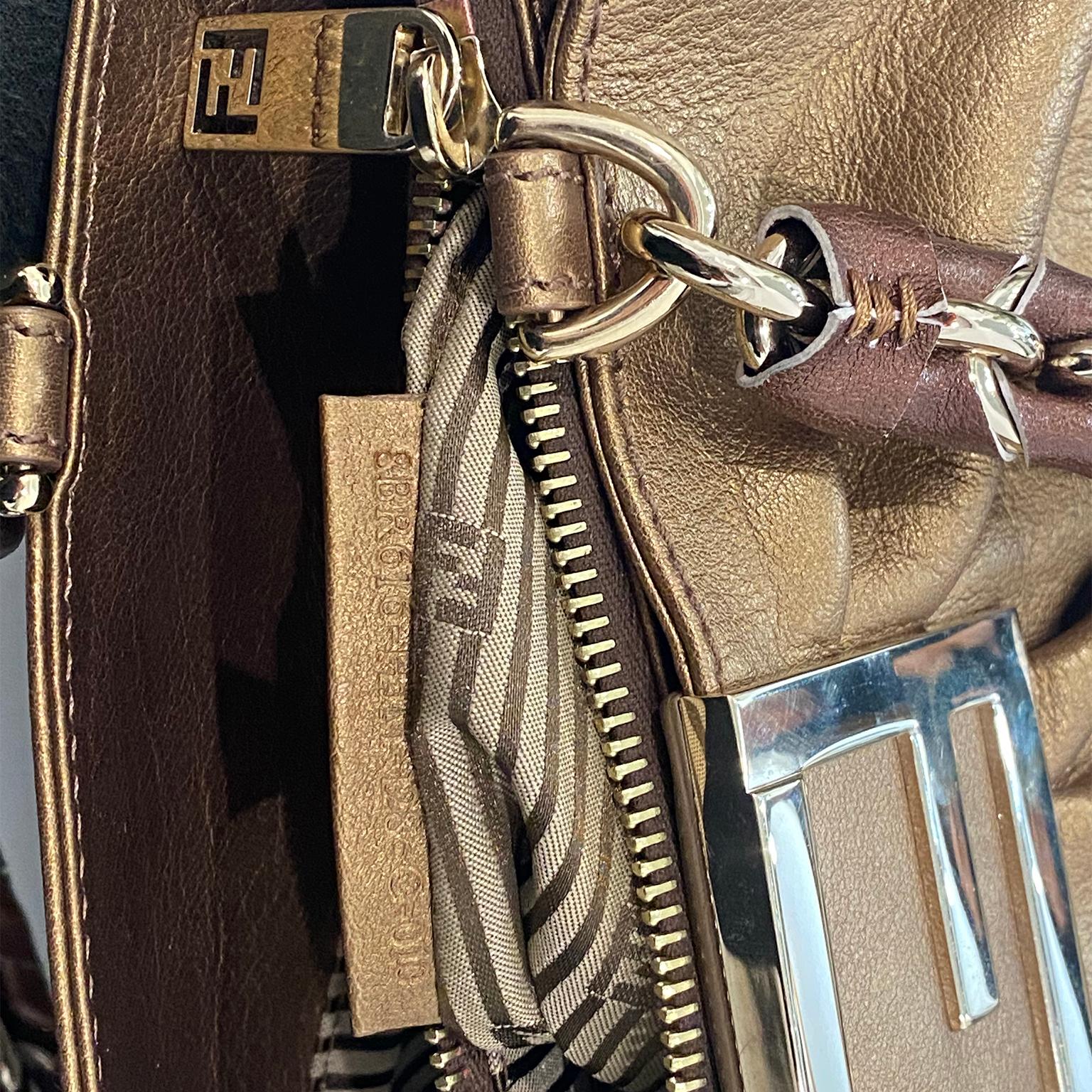 Large Fendi Bag in Bronze Leather Borsa Mia Handbag w/ Shoulder Strap & Card 8