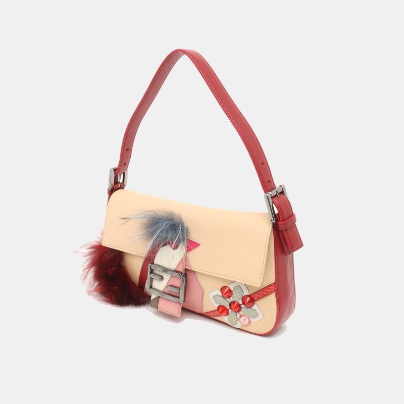 Fendi Baguette 1997 Re-edition Bird Motif Fur Leather Beige Shoulder bag 1