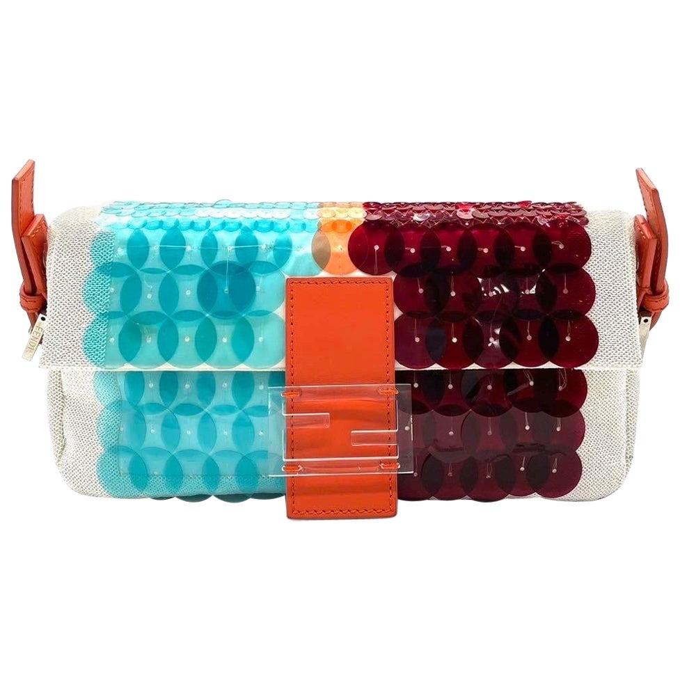 Fendi Baguette 1997 White Blue Red Sequins Orange Satin Lining Shoulder Bag For Sale
