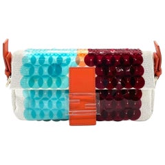 Fendi Baguette 1997 White Blue Red Sequins Orange Satin Lining Shoulder Bag
