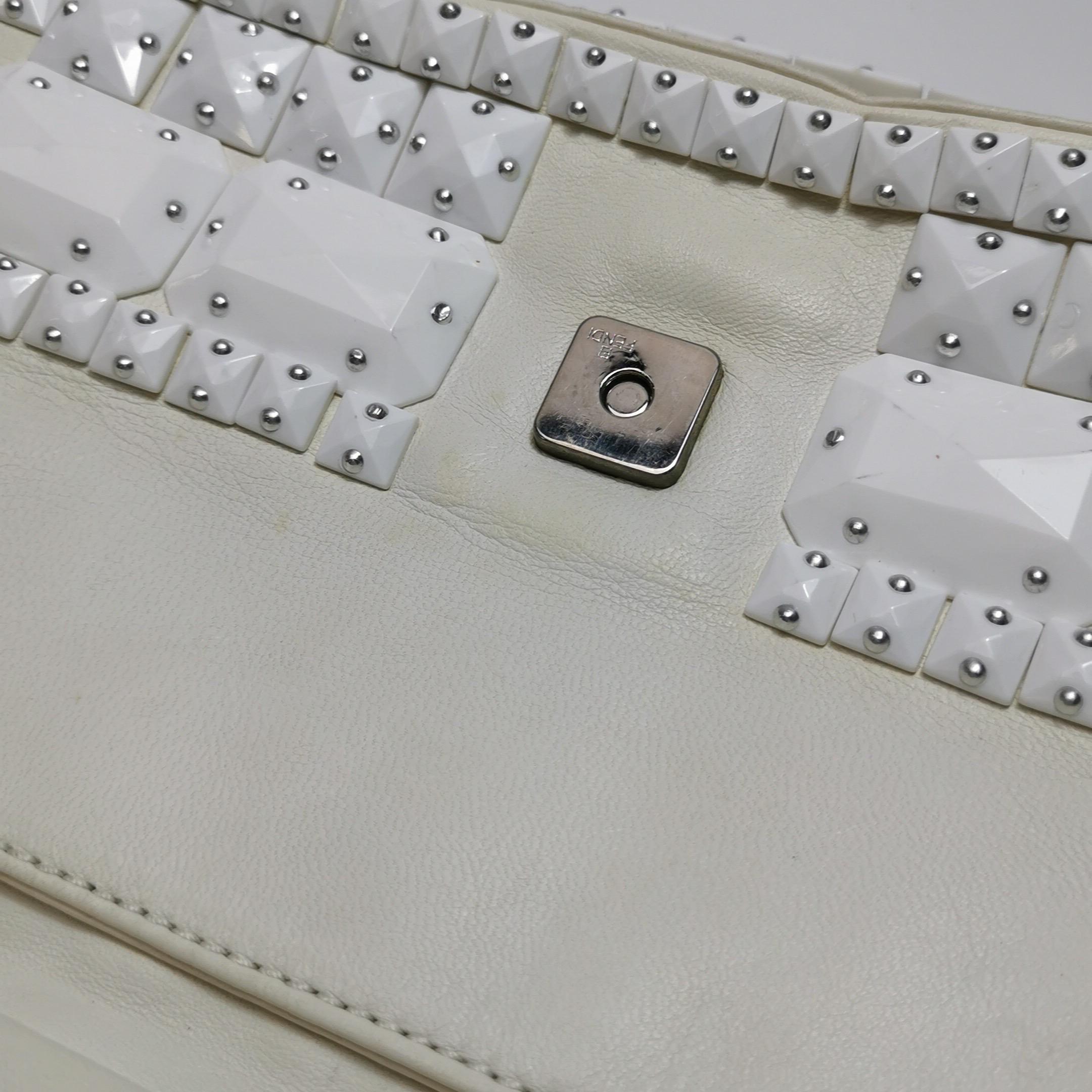 FENDI Baguette 1997 White Leather and Stones Zucca Interior Shoulder Bag For Sale 9
