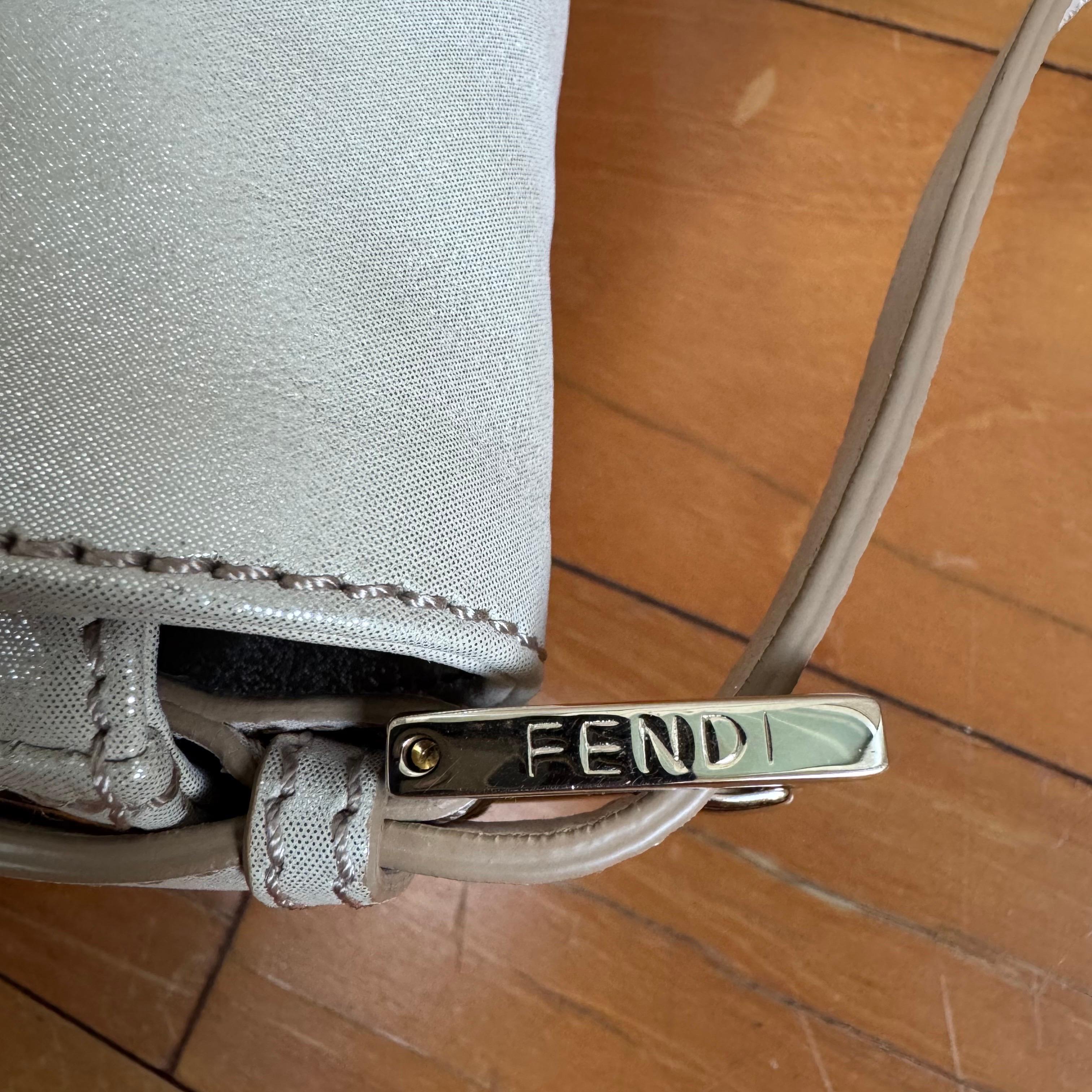 FENDI Baguette 1997 White Pearlescent Fabric Crystal Buckle Shoulder Bag 14