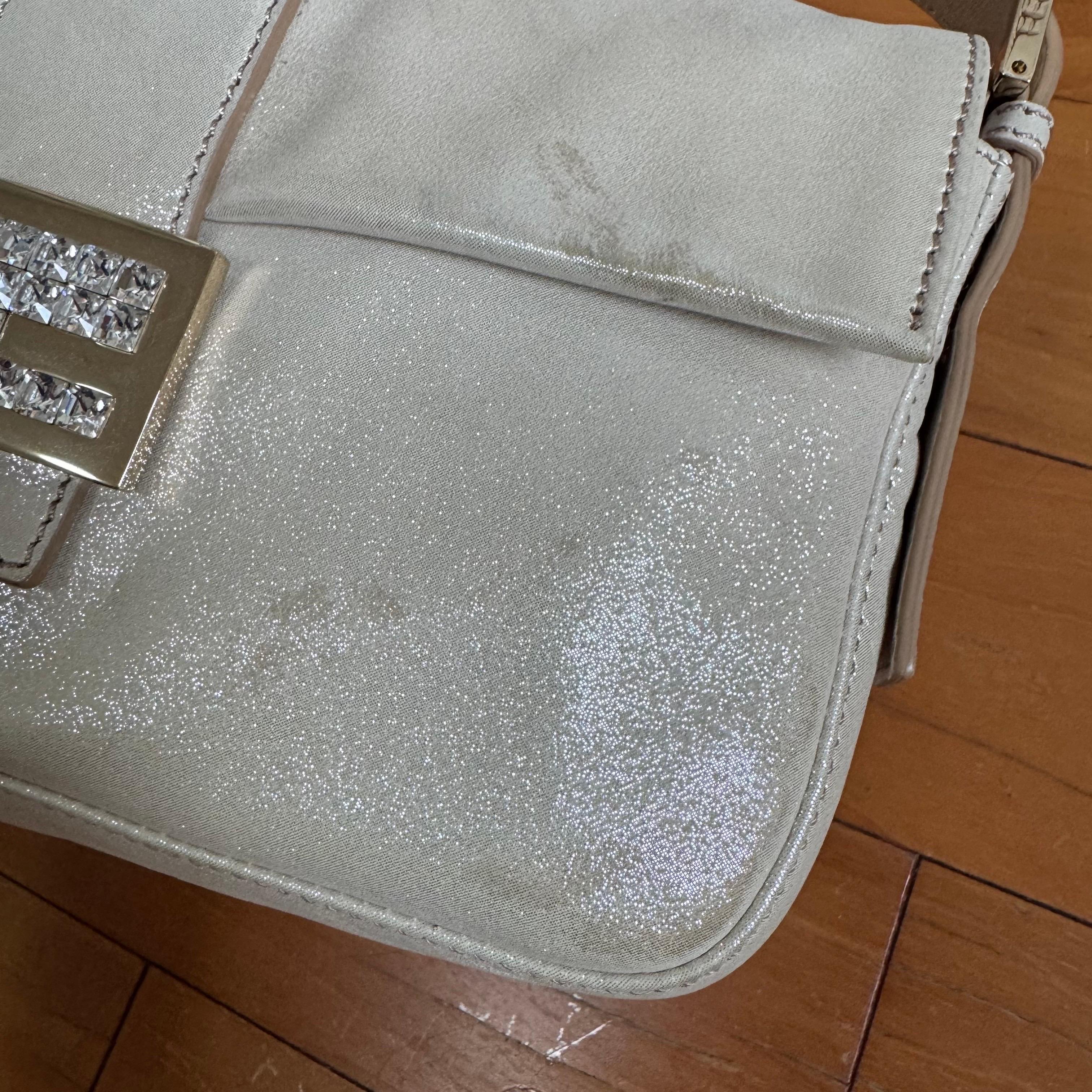 FENDI Baguette 1997 White Pearlescent Fabric Crystal Buckle Shoulder Bag 1