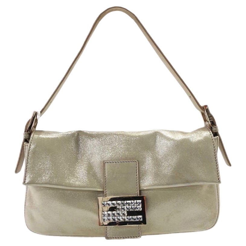 FENDI Baguette 1997 White Pearlescent Fabric Crystal Buckle Shoulder Bag