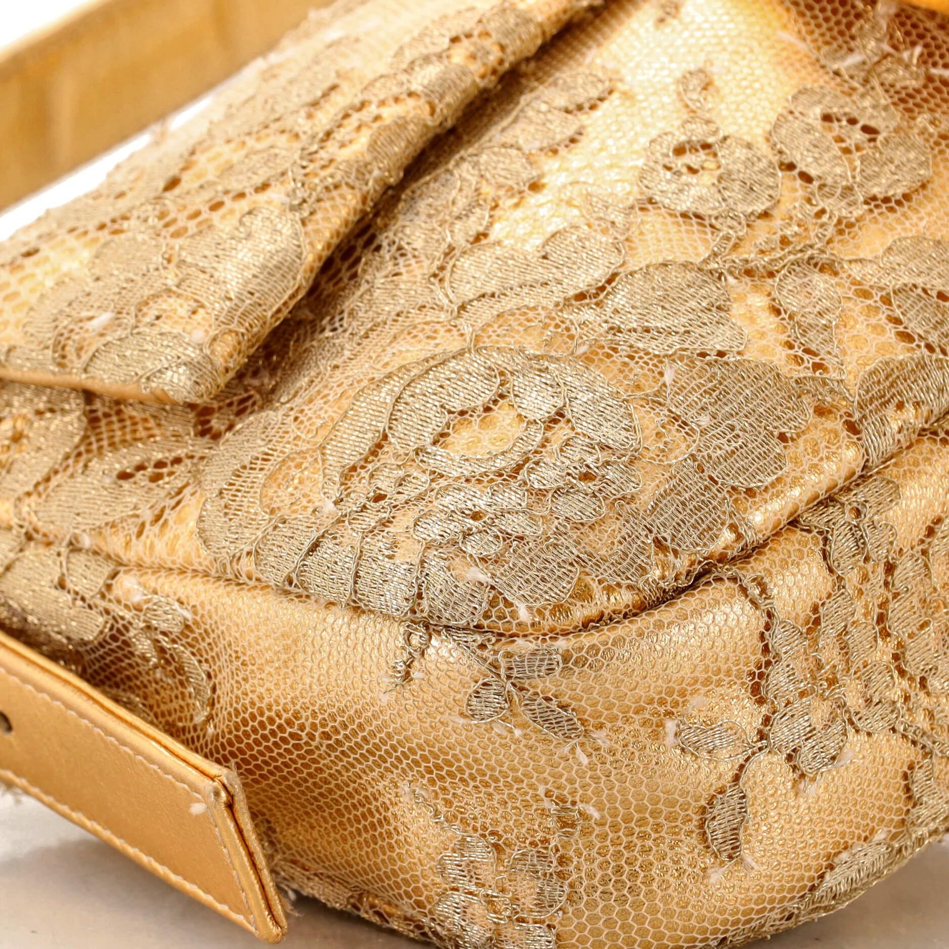 Beige Fendi Baguette Bag Crystal and Bead Embellished Lace