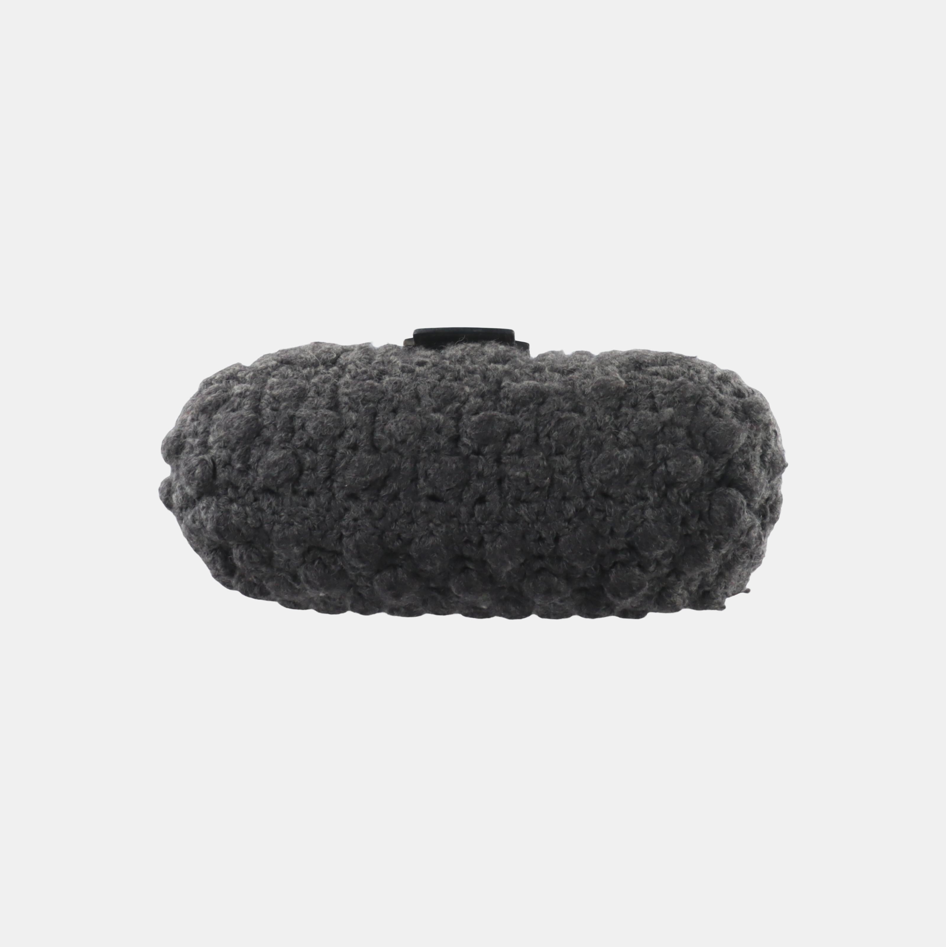 Black Fendi Baguette Bag Grey Crochet Knit Wool Pompom Shoulder Bag