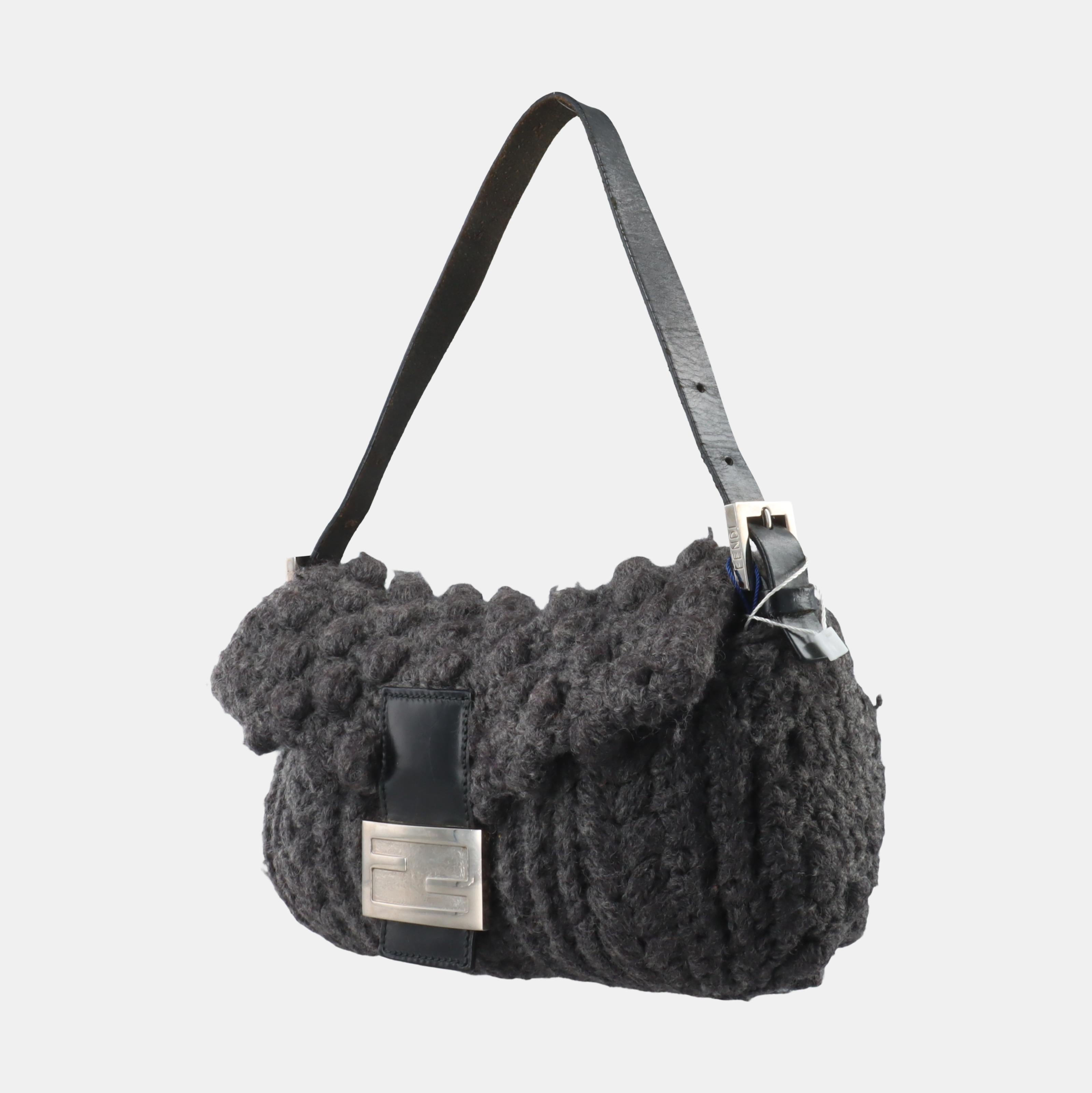 Women's Fendi Baguette Bag Grey Crochet Knit Wool Pompom Shoulder Bag