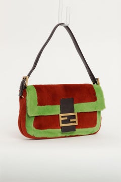Fendi Baguette Bag in Red and Green Fur w/ Brown Leather Strap and Gold Hardware