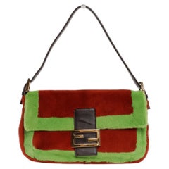 Fendi Baguette Bag in Red and Green Fur w/ Brown Leather Strap and Gold Hardware
