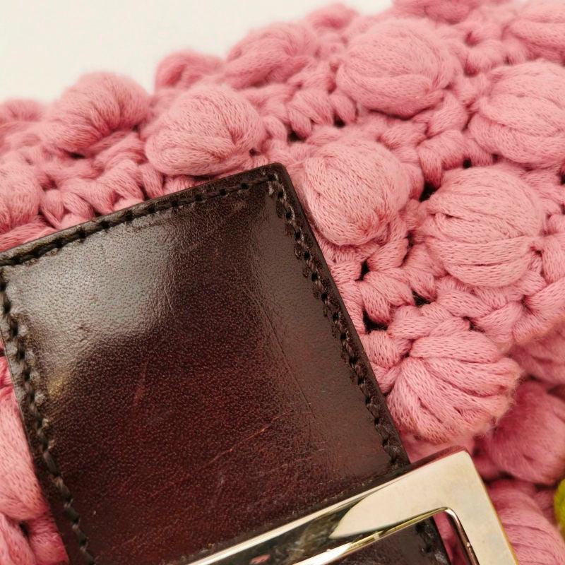 Fendi Baguette Bag Pink Crochet Knit Wool Pompom and Flowers Shoulder Bag 5