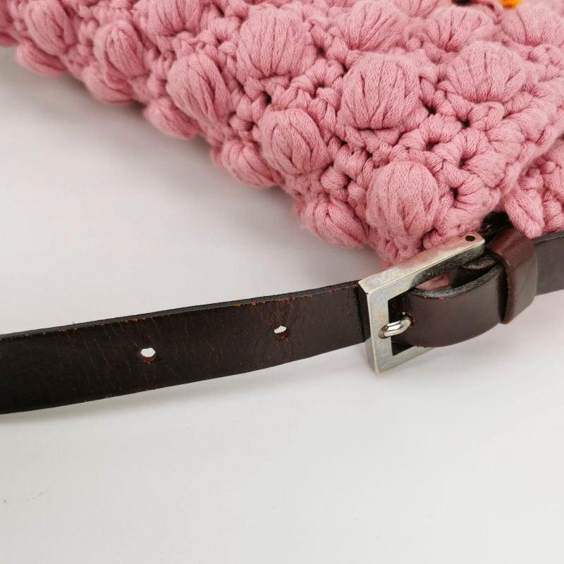 Fendi Baguette Bag Pink Crochet Knit Wool Pompom and Flowers Shoulder Bag 8