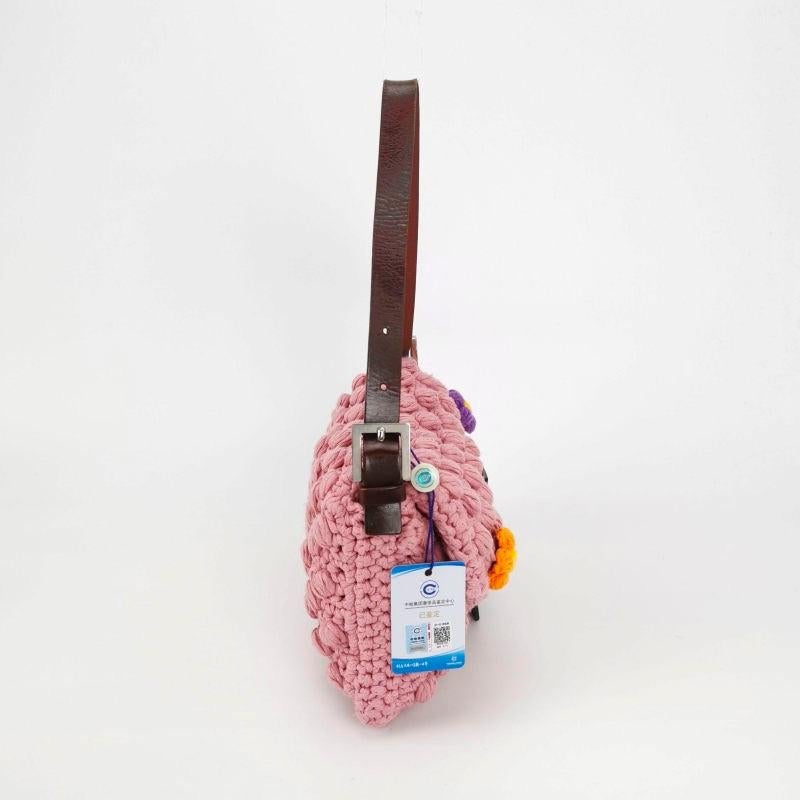 Brown Fendi Baguette Bag Pink Crochet Knit Wool Pompom and Flowers Shoulder Bag