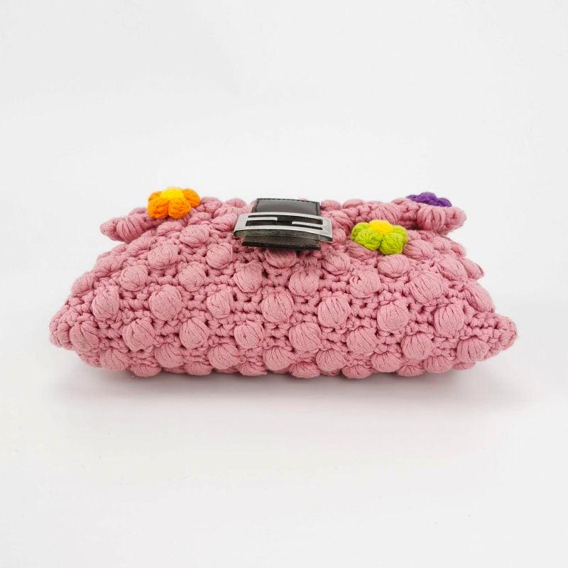 Women's Fendi Baguette Bag Pink Crochet Knit Wool Pompom and Flowers Shoulder Bag