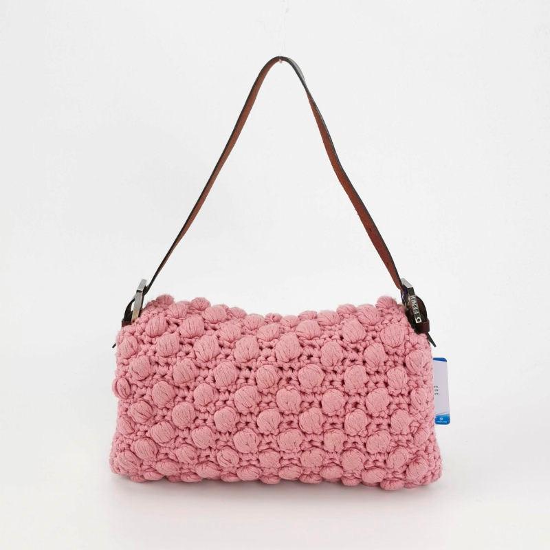Fendi Baguette Bag Pink Crochet Knit Wool Pompom and Flowers Shoulder Bag 1