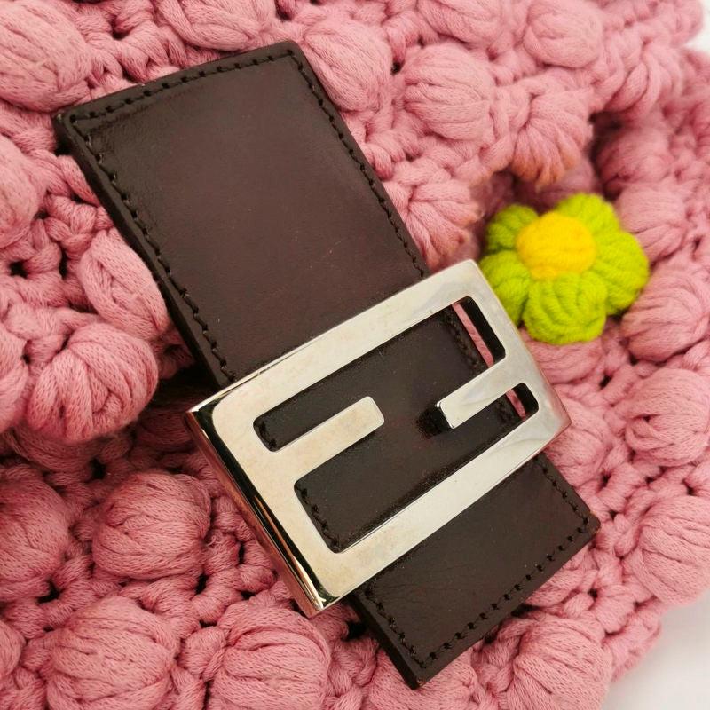 Fendi Baguette Bag Pink Crochet Knit Wool Pompom and Flowers Shoulder Bag 2