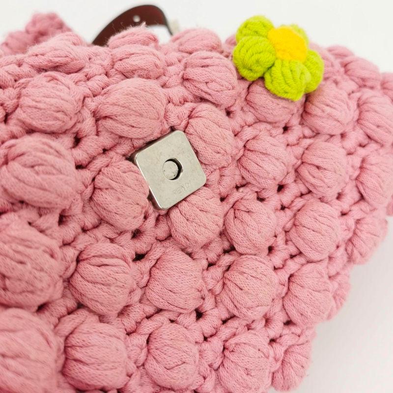 Fendi Baguette Bag Pink Crochet Knit Wool Pompom and Flowers Shoulder Bag 3