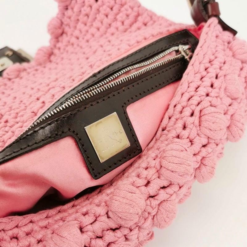 Fendi Baguette Bag Pink Crochet Knit Wool Pompom and Flowers Shoulder Bag 4