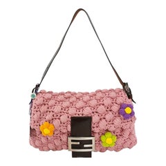 Fendi Baguette Bag Pink Crochet Knit Wool Pompom and Flowers Shoulder Bag
