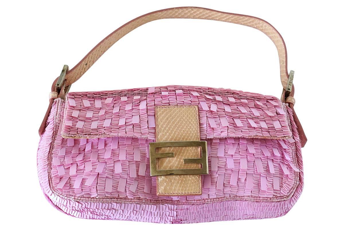 Fendi Baguette Bag Pink Paillettes Exotic Skin Handle Vintage Excellent état à Miami, FL