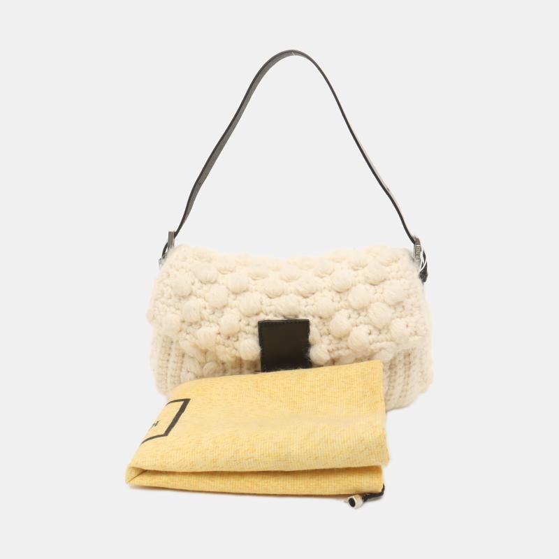 Fendi Baguette Bag White Crochet Knit Wool Pompom Shoulder Bag 3