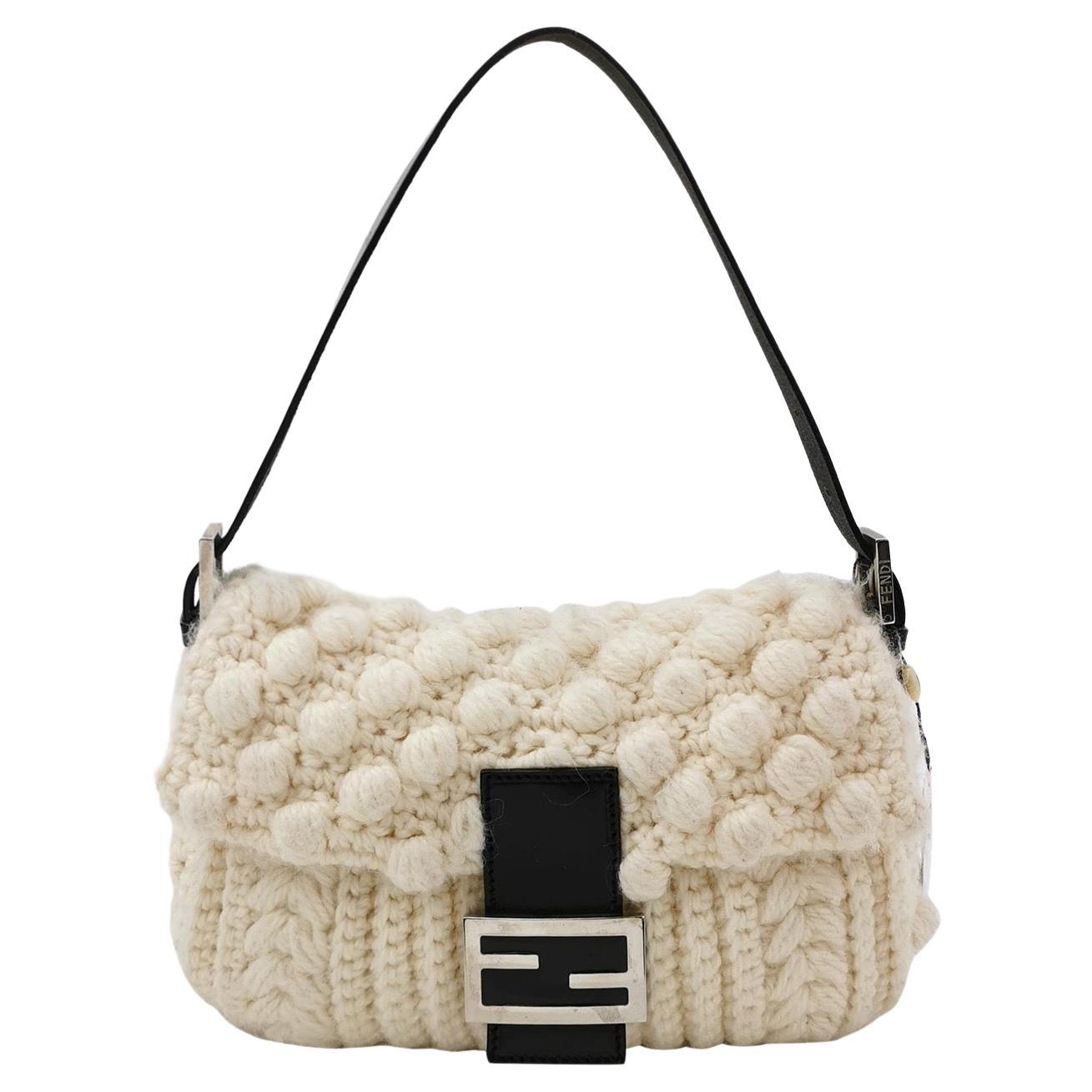 Fendi Baguette Bag White Crochet Knit Wool Pompom Shoulder Bag