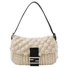 Fendi Baguette Bag White Crochet Knit Wool Pompom Shoulder Bag
